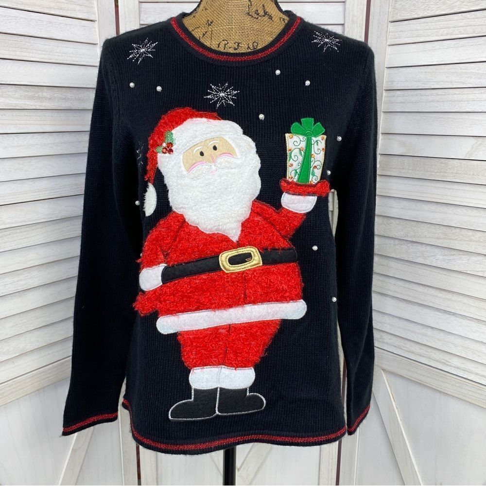 Red Label Fuzzy Santa‎ Christmas Pullover Sweater Black Red Small